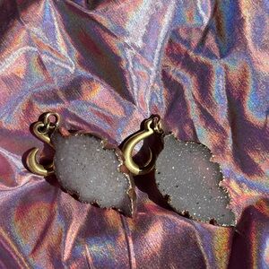 Leaf White Druzy Earweights with Brass Hooks